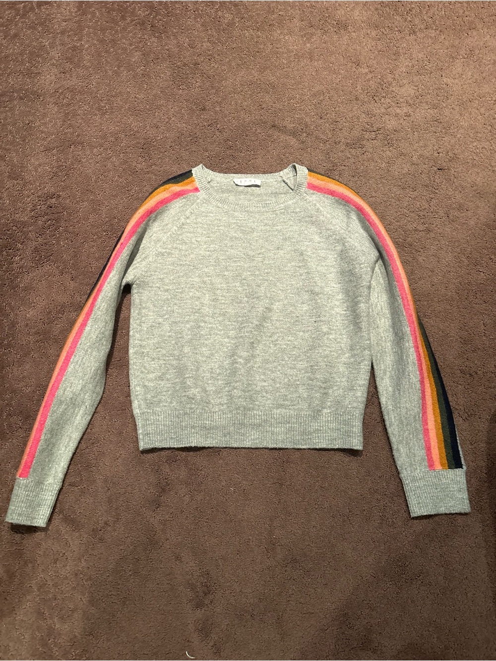 THML Light Gray Crewneck Sweater with Pink, Orange & Navy Sleeve Stripes